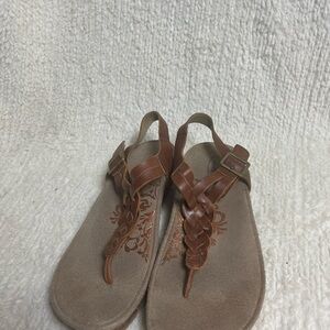Aetrex Braided leather brown thong cork wedge sandals SZ8.